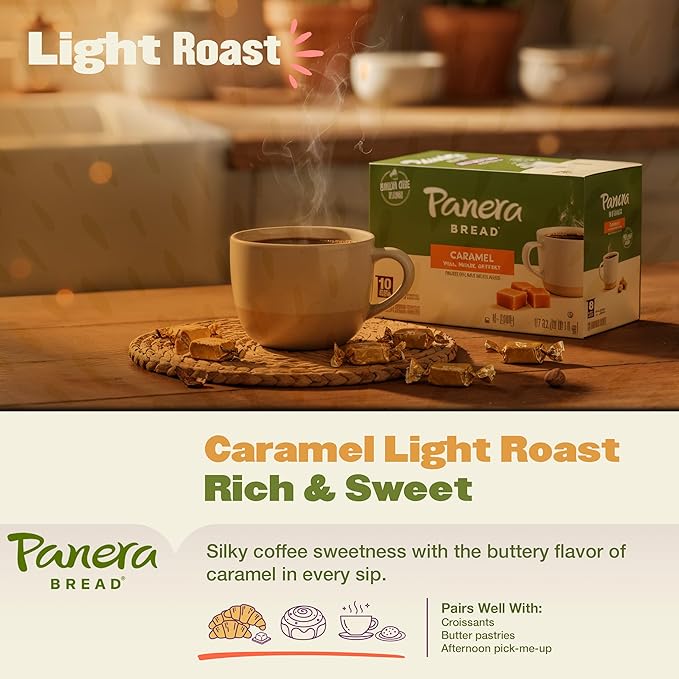 Panera Caramel Coffee Pods Light Roast Cups Keurig Compatible Natural Caramel Flavor 100% Arabica Kosher No Artificial Ingredients 60 Single Serve Pods (6 Packs of 10)