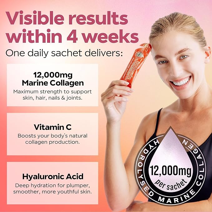 12000mg Marine Collagen Liquid Shots| High Strength Hydrolyzed Marine Collagen Peptides w/Hyaluronic Acid &amp Vitamin C for Skin Hair &amp Joints | Orange 14 Daily Servings 30ml