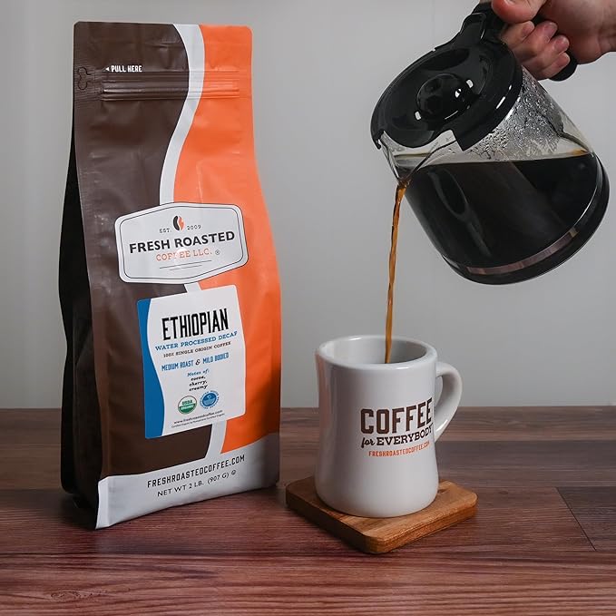 Fresh Roasted Coffee Organic Ethiopian Sidamo Water-Processed Decaf | USDA Organic 100% Single Origin Kosher | Medium Roast 2 lb (32 oz) Ground
