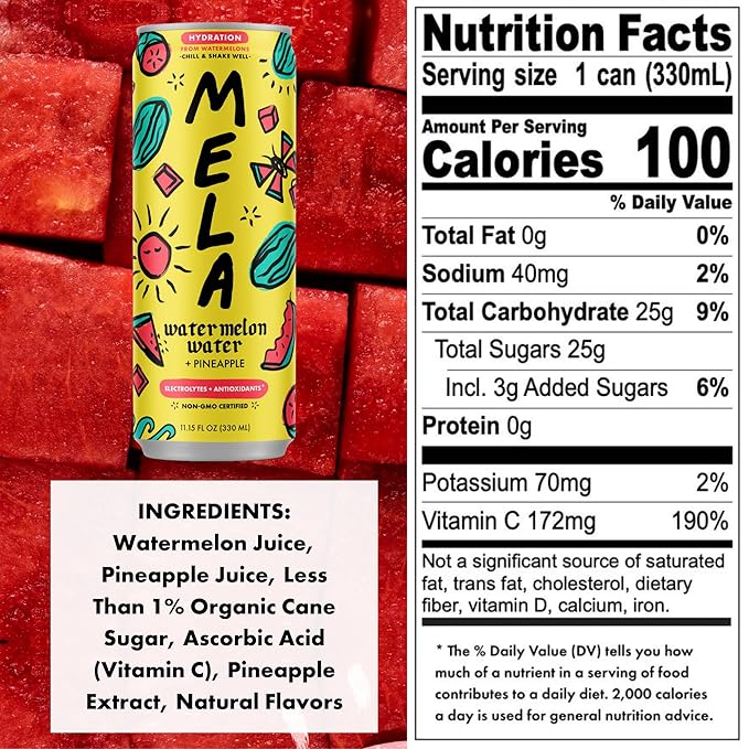 Mela Water Natural Watermelon Juice Drink Electrolytes &amp Antioxidants Natural Hydration Coconut Water Alternative Vitamin C No Added Sugar Pineapple (16.9 floz (Pack of 12))