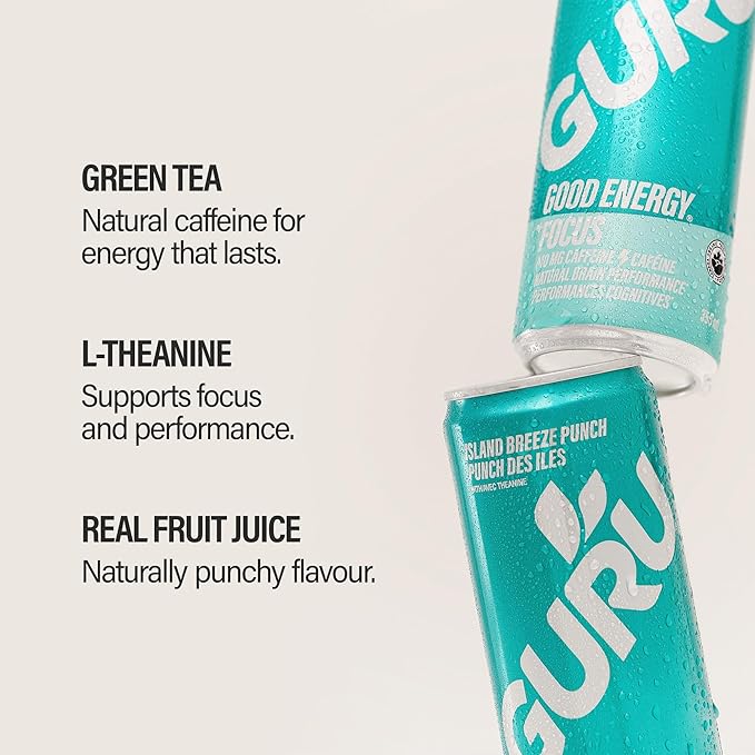 GURU PUNCH Organic Energy Drinks Variety Pack Clean Energy Drink with Plant Based Natural Caffeine from Green Tea + Focus w/L-Theanine Gluten Free 140mg Caffeine Healthy Drinks 12oz (Pack of 12)