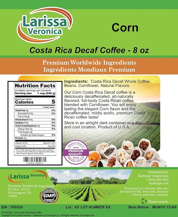 Corn Costa Rica Decaf Coffee (Gourmet Naturally Flavored Whole Coffee Beans) (8 oz ZIN: 550529)