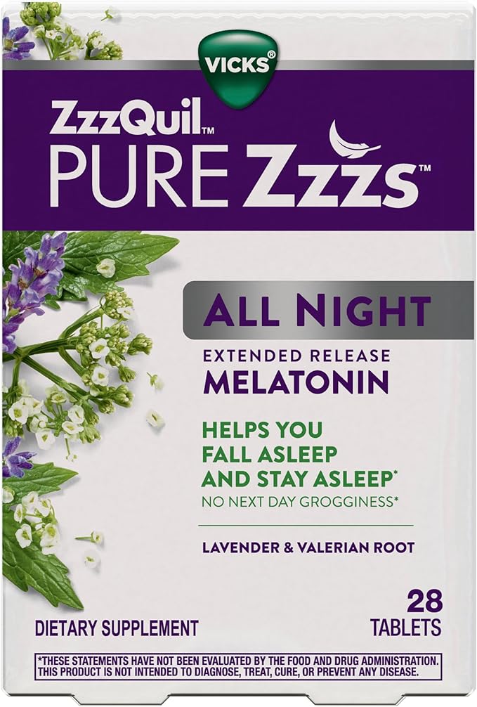 ZzzQuil Pure Zzzs All Night Extended Release Melatonin Sleep Aid Tablets Helps You Stay Asleep Longer Sleep Aid for Adults 2 mg per Tablet 56 Total Tablets (2 Packs of 28)