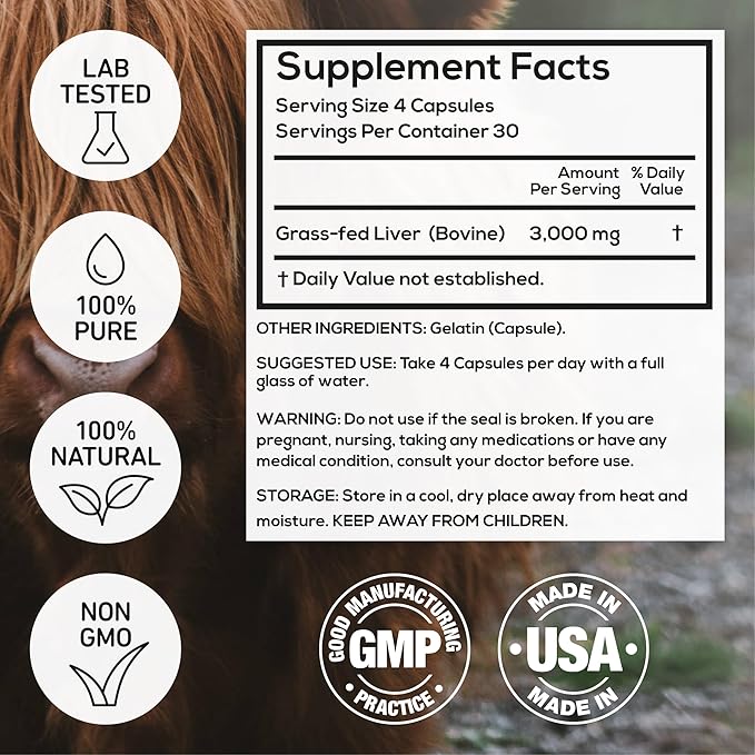 Wild Foods Beef Liver Capsules - Grass-Fed &amp Pasture-Raised | 3000mg Ancestral Supplement for Natural Energy &amp Immune Support | Organ Supplement for Men &amp Women | Keto Paleo Carnivore (1