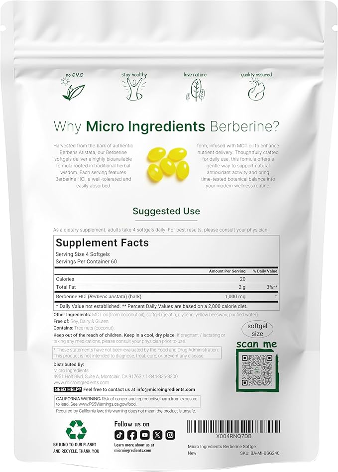 Micro Ingredients Berberine 1000mg with MCT Oil 240 Softgels | Highly Bioavailable Formula with Berberine HCI from Berberis Aristata | Non-GMO Gluten Free No Soy