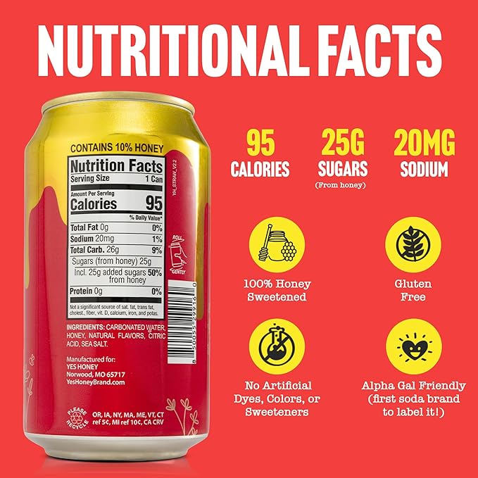 Yes Honey Soda Strawberry 11oz (12-Cans) 100% Honey-Sweetened Healthy Soda Alpha Gal Friendly Gluten Free Caffeine Free No Added Sugar