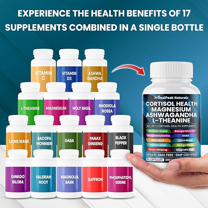 Cortisol Supplements for Women and Men with Magnesium Ashwagandha Rhodiola Rosea L-Theanine &amp Ceylon Cinnamon Apple Cider Vinegar Turmeric Curcumin Panax Ginseng Berberine Vegan Capsules