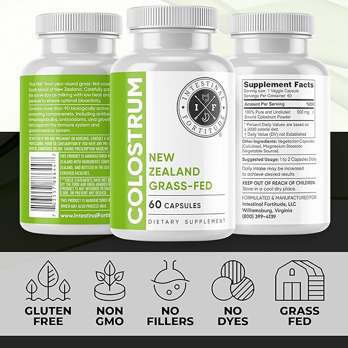 Intestinal Fortitude 100% Grass Fed New Zealand Cows Colostrum Capsules Grassfed Hormone Free GMO Free Optimal Gut Health and Immune System Support Leaky Gut IBD 500 mg Capsules 60 CT