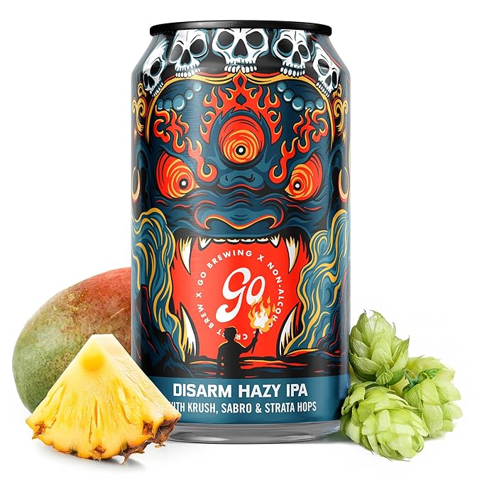 Go Brewing Disarm Hazy IPA Non-Alcoholic Craft Beer 12 Oz – Low-Calorie Full-Bodied Hazy Craft Brew with Zesty Citrus and Tropical Fruit Notes – Non-Alcoholic Beer for Any Occasion