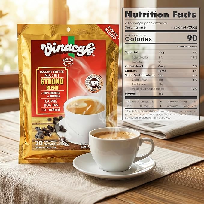 Vinacafe 60 cts 3 in 1 Vietnamese Instant Coffee Gold Red Strong Rich Blend 60 Sachets (3 Bags of 20 Sachets)