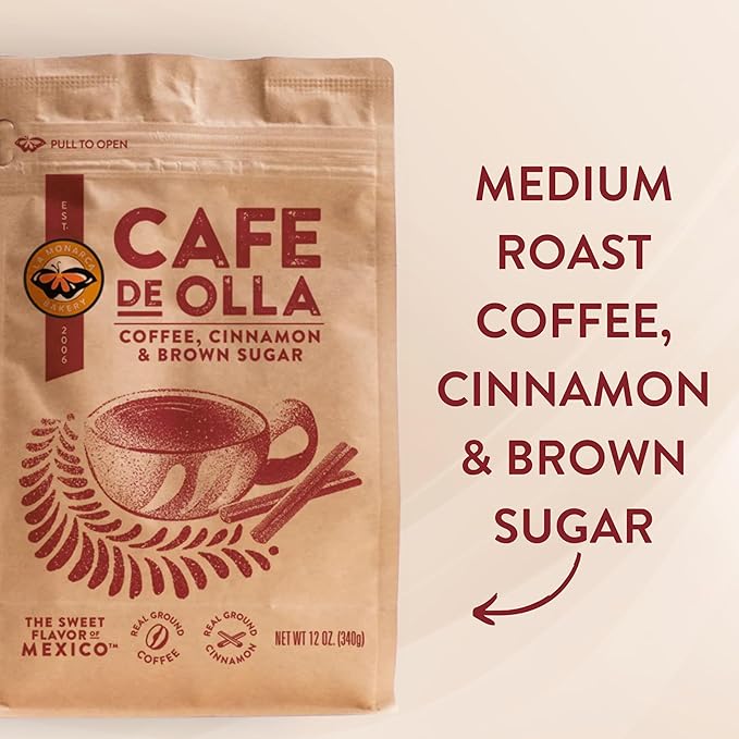 Café De Olla Ground Coffee 12 Ounce (Pack of 2) Cinnamon and Brown Sugar Spiced Mexican Dark Roast Coffee by La Monarca Bakery