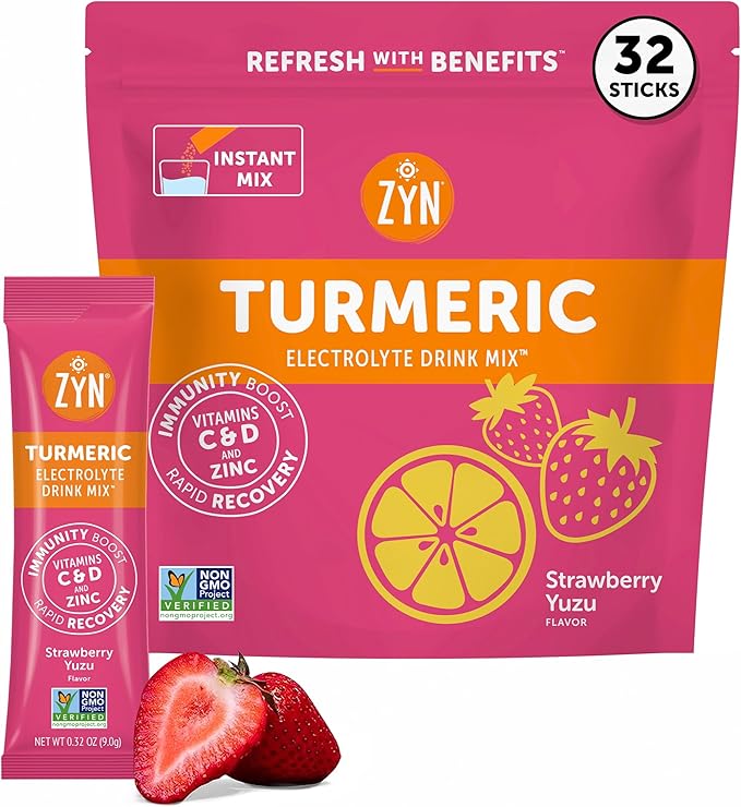 ZYN Electrolyte Drink Mix Hydration Packets Strawberry Yuzu Electrolytes Powder Hydration Packets w/Turmeric Curcumin Vitamin C &amp D Zinc Hydrate &amp Recover Electrolyte Powder Pack of 32
