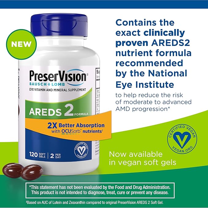 PreserVision AREDS 2 Eye Vitamin &amp Mineral Supplement with OCUSorb120 Vegan Soft GelsContains LuteinZeaxanthinVitamin C &amp EZinc&amp-CopperEye Health Supplements for Adults(Pack of 2)