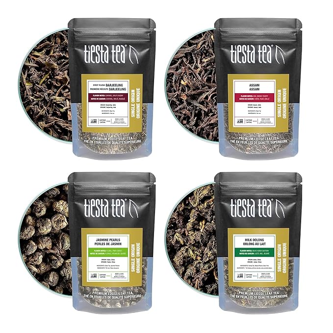 Tiesta Tea - Single Origin Tea Sampler Dry Flight Set Loose Leaf High to Low Caffeine Makes Hot &amp Iced Assorted Brew Sets with Green White Black &amp Oolong 7 Resealable Sample Pouches