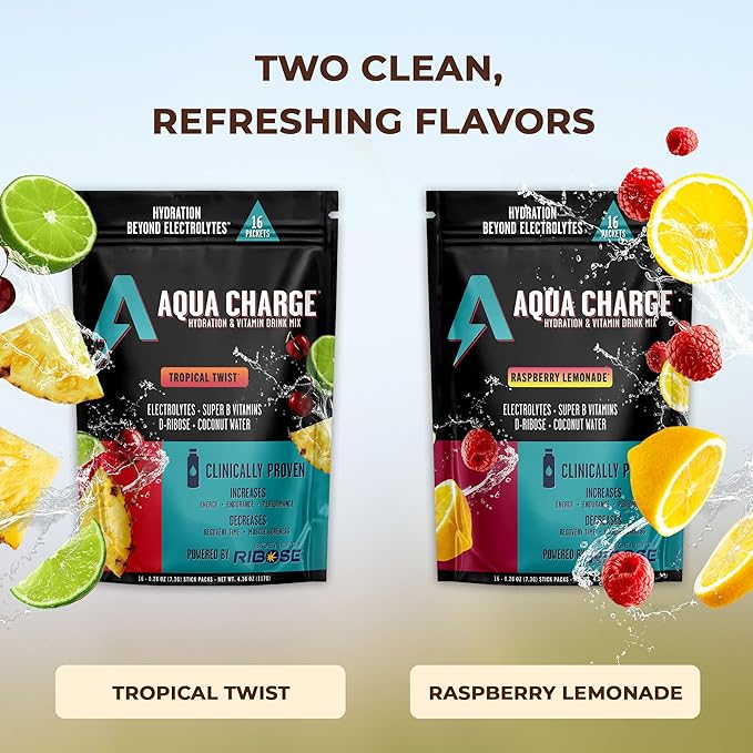 Grab The Gold Aqua Charge Electrolytes Drink Mix | Naturally Flavored Sugar-Free Hydration Drinks with B Vitamins | Vegan Gluten-Free Non-GMO | Tropical Twist - 16 Packs Made in USA
