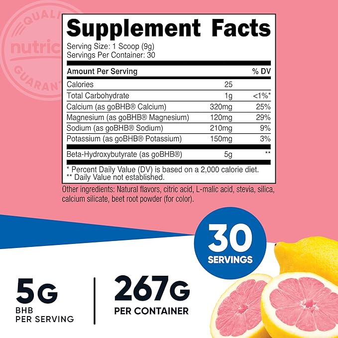 Nutricost BHB Salts Drink Mix (30 Servings Strawberry Lemonade Flavored) (5G BHB Per Serving) - 0G Total Sugars Vegetarian Product