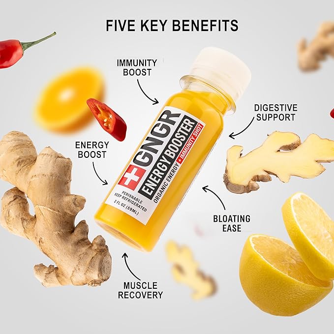+GNGR Energy Booster – Organic Cold-Pressed Ginger Shot with Turmeric Green Tea Orange &amp Lemon Juice. Natural Energy Shot for Immune and Digestive Support Nothing Artificial 2 fl oz (Pack of 1