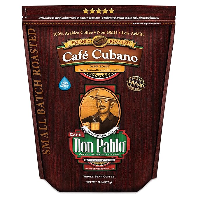 Don Pablo Gourmet Coffee - Café Cubano - Dark Roast - Whole Bean Coffee - 100% Arabica Beans - Low Acidity and Non-GMO - 2lb bag
