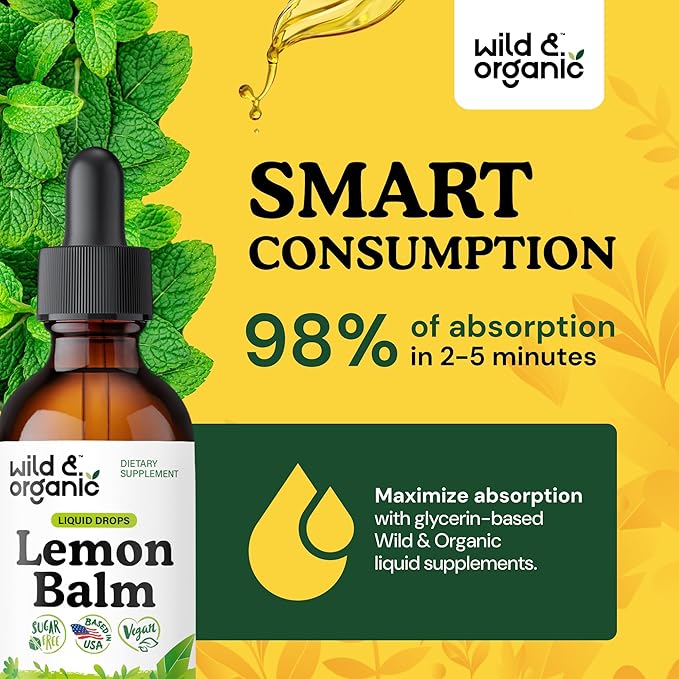 Wild &amp Organic Lemon Balm Drops - Relaxing Lemon Balm Leaf Extract Supplement - Calming Melissa Officinalis Tincture - Vegan Sugar &amp Alcohol-Free - 2 fl oz