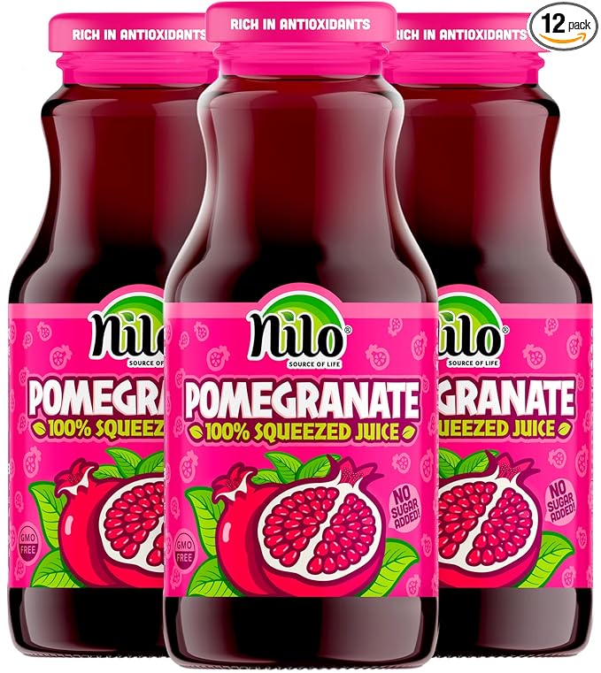 NILO Pomegranate Juice | 100% Squeezed Pomegranate Granada | NO Sugar added | NON GMO | NOT From Concentrate | 8.45 oz (Pack of 12)