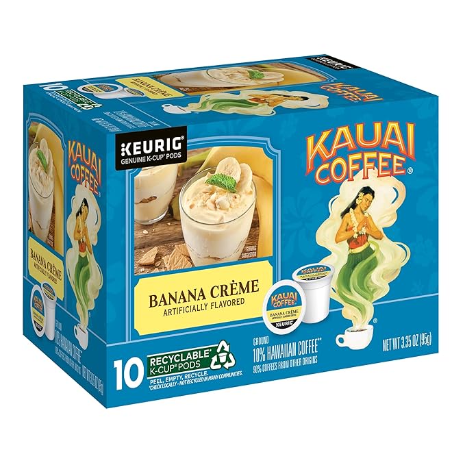 Kauai Coffee K-Cup Pods for Keurig Brewers – Arabica Coffee 10% Hawaiian – Medium Roast Banana Flavor with Creamy Vanilla – Banana Crème 1 Pack of 10 Single Serve K-Cups
