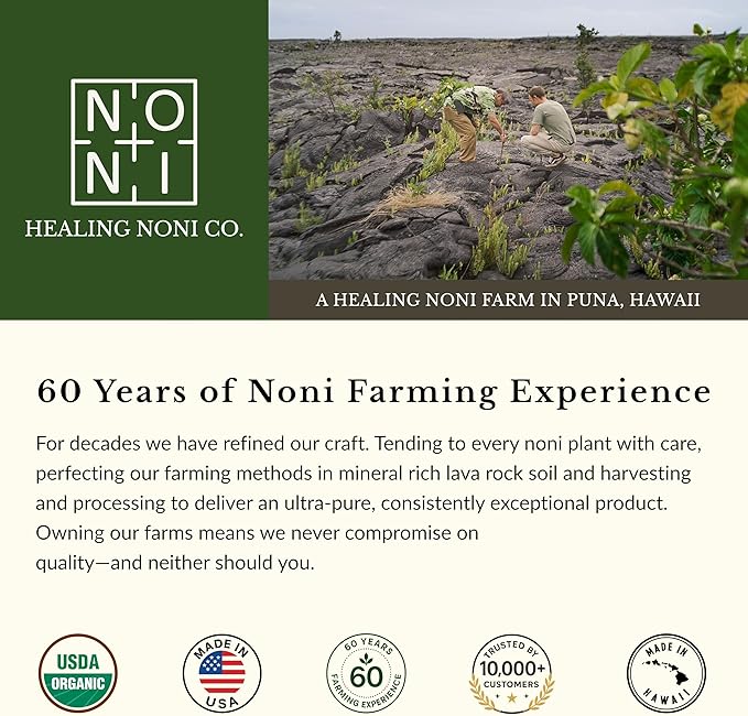 Healing Noni - 100% Pure Noni Juice - USDA Organic Full Strength Wellness Drink Hawaiian-Grown Superfood - (32oz 4 Pack)