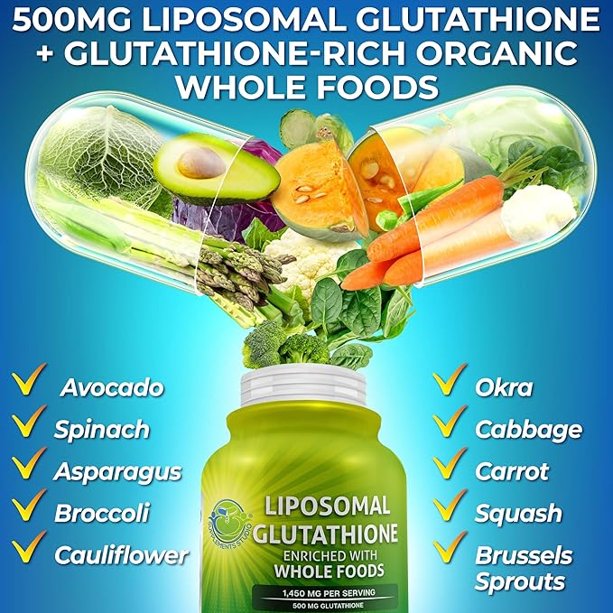 Liposomal Glutathione 500mg - Active Form L Glutathione (Reduced) for Maximum Absorption - Made with Organic Whole Foods - Master Antioxidant &amp Detoxifier - Immune &amp Cardiovascular Support - 1