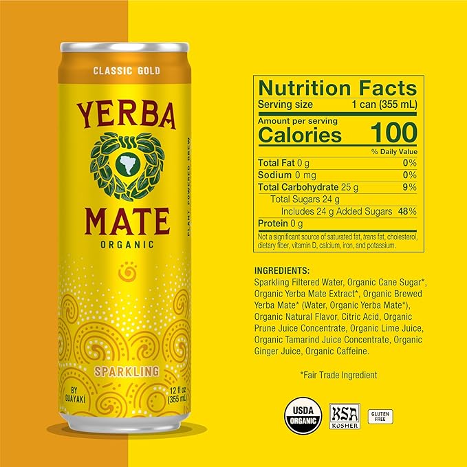 Yerba Madre Organic Yerba Mate Clean Energy Drink Alternative Bundle Grapefruit Ginger &amp Classic Gold Flavors 12 Oz (Pack of 24) 80mg Natural Caffeine Smooth Energy &amp Focus