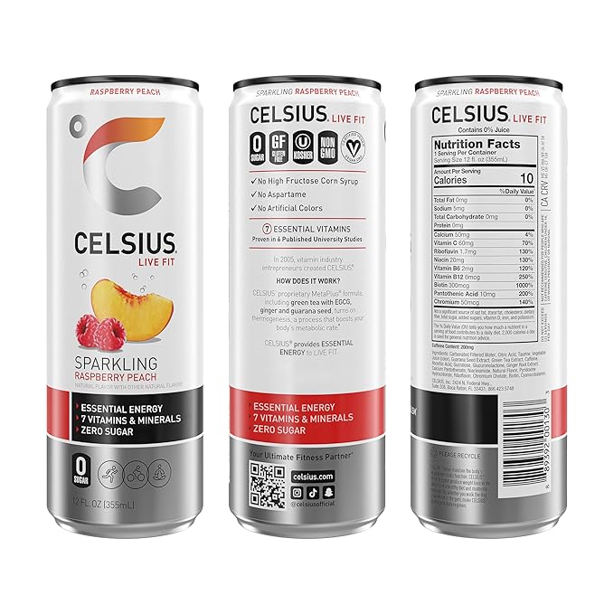 CELSIUS Sparkling Raspberry Peach Sugar Free Energy Drink 12 Fl Oz (Pack of 12)