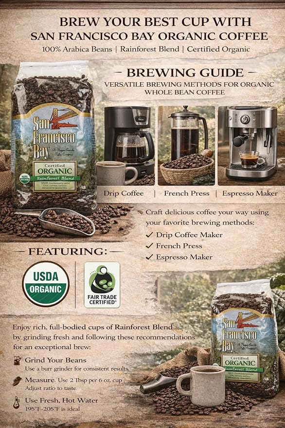 San Francisco Bay 100% Organic Coffee Rainforest Blend Whole Bean 3 Lbs