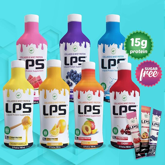 Nutritional Designs LPS Liquid Collagen &amp Whey Protein Supplement - Non-GMO Drink Sugar-Free - Promotes Healthy Skin &amp Hair for Men &amp Women Peach Mango Single Serve (50 Packets)