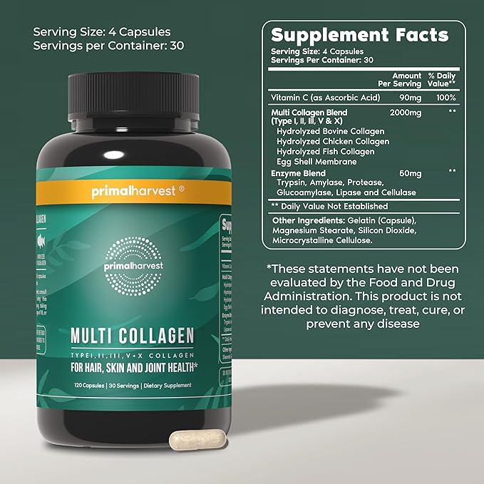 Primal Harvest Multi Collagen Pills for Women and Men (Type I II III V X) 120 Capsules w/Vitamin C for Hair Skin Nails
