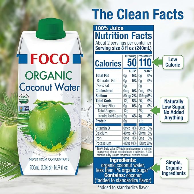 FOCO UHT Organic Coconut Water 16.9 fl Oz Pack of 12 NON-GMO Never from Concentrate