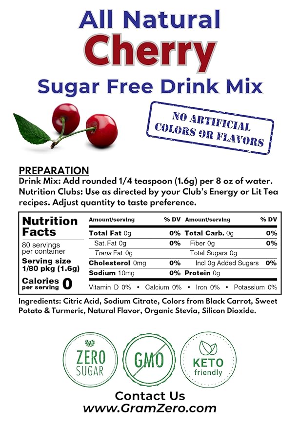 GramZero All Natural Cherry Zero Calorie Sugar Free Drink Mix Great For Nutrition Club Loaded Tea Stevia Sweetened