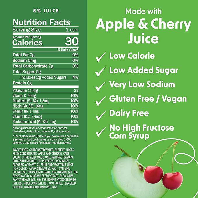 BING CRISP Energizing Juice Beverage – Apple &amp Cherry (12oz/12pk) – Made with REAL Juice! Only 2g added Sugar Low Calorie 5 B-Vitamins &amp Ginseng 100mg Caffeine Vegan Gluten + Dairy Free.