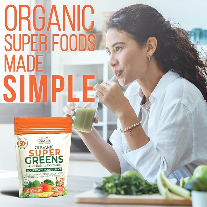 Country Farms Super Greens Pineapple-Mango Flavor 50 Organic Super Foods USDA Organic Drink Mix (Wheat Grass Spirulina Chlorella) Mushrooms &amp Probiotics with Fiber Natural Energy 30 Serving