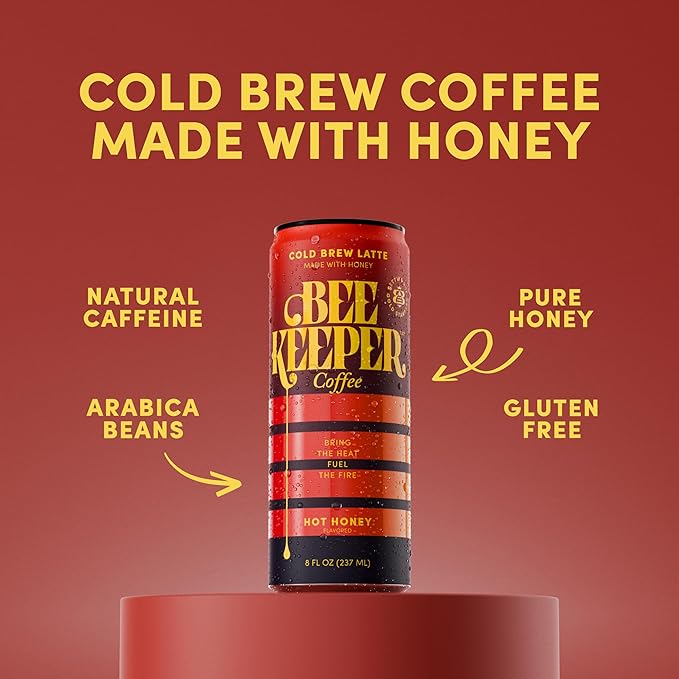 Beekeeper Hot Honey Latte Cold Brew Coffee Drinks with Oregon Honey | 12 Pack Refreshing Iced Coffee - Unsweetened &amp Strong Arabica Brew 8 fl oz Ready-to-Drink Can - 180mg Natural Caffeine