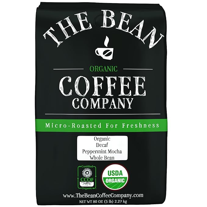 The Bean Organic Coffee Company Water Processed DECAF Peppermint Mocha Medium Roast Whole Bean Coffee 80 Ounce Bag