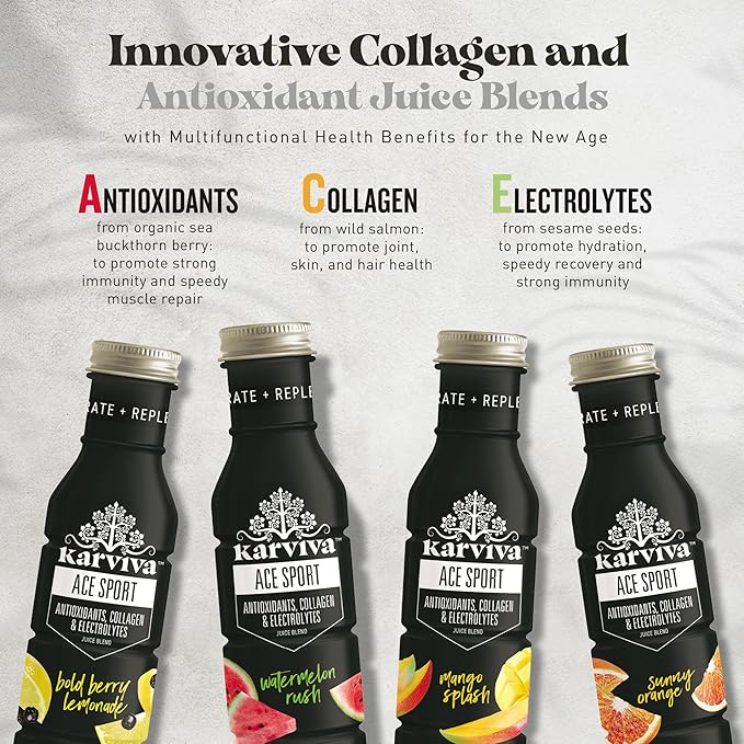 KARVIVA ACE Collagen Juice Energy Recovery Healthy Joints Skin &amp Hair Antioxidants Marine Collagen Electrolytes Low-Sugar Low-Calories Non-GMO Vitamins (6 BPA-Free Bottles12 fl oz Each)