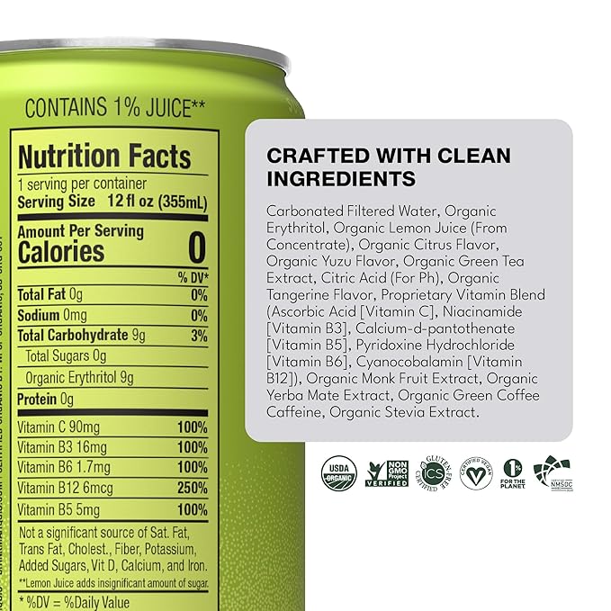 Marquis Natural Energy Drinks Sugar Free Zero Calories - 100mg Organic Plant Based Caffeine Yerba Mate Green Tea &amp Green Coffee - Vitamin C &amp Bs - Citrus Yuzu Healthy Energy Drink - 12oz Cans