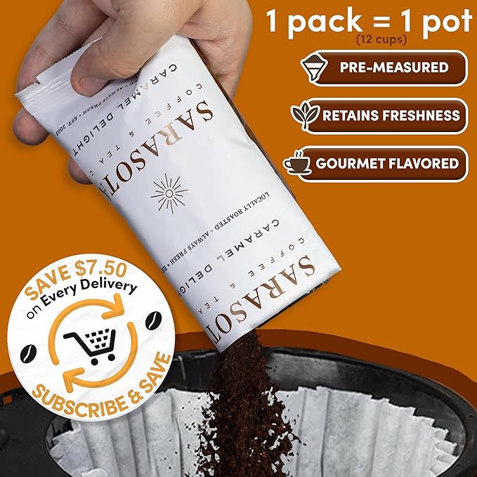Coffee Packets – Salted Caramel Flavored Ground Coffee Packs | Gourmet Medium Roast Low Acid Mold Free Pre-Measured Pouches for 12 Cup Brewers | 2 oz Single-Pot Bags 36 Count – Sarasota Coffee