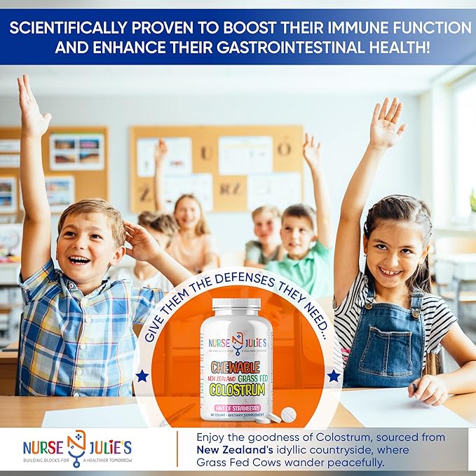 Nurse Julie's Chewable Colostrum Tablets for Kids - 100% Grassfed New Zealand Colostrum - Immune Support Gut Health in Children - 60 Tablets - 2 Month Supply