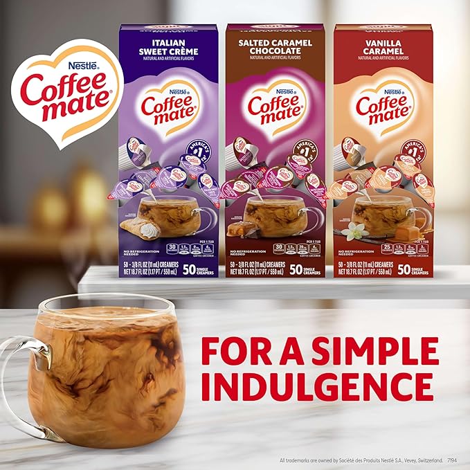 Nestle Coffee mate Creamer Singles Variety Pack Italian Sweet Creme Salted Caramel Chocolate Vanilla Caramel Non Dairy No Refrigeration 0.375 fl oz Tubs 150 Count (Pack of 50 Per Flavor)