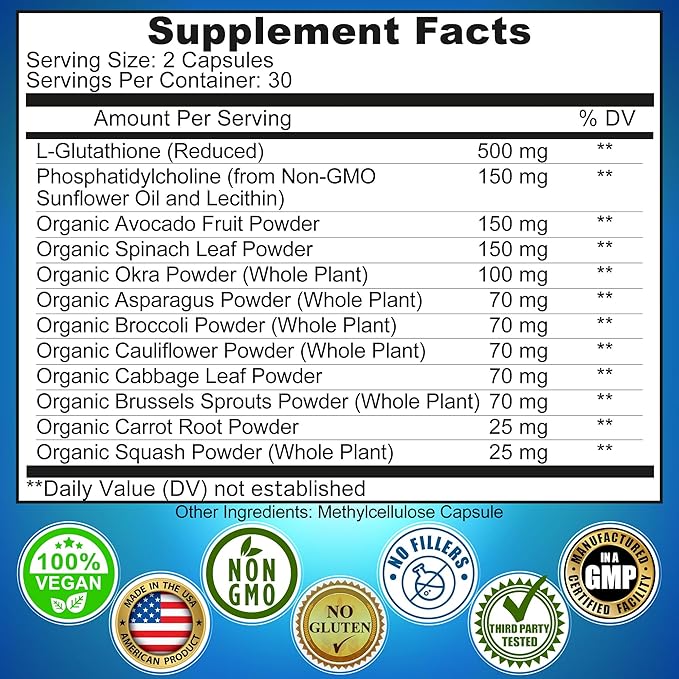Liposomal Glutathione 500mg - Active Form L Glutathione (Reduced) for Maximum Absorption - Made with Organic Whole Foods - Master Antioxidant &amp Detoxifier - Immune &amp Cardiovascular Support - 6