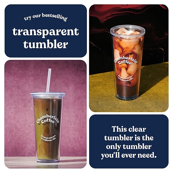 Chamberlain Coffee Social Dog Blend &amp Transparent Tumbler Bundle - Includes a 12 Oz Bag of Medium Roast Social Dog Blend Freshly Roasted In California &amp 24 Oz Transparent Double Wall Insulated