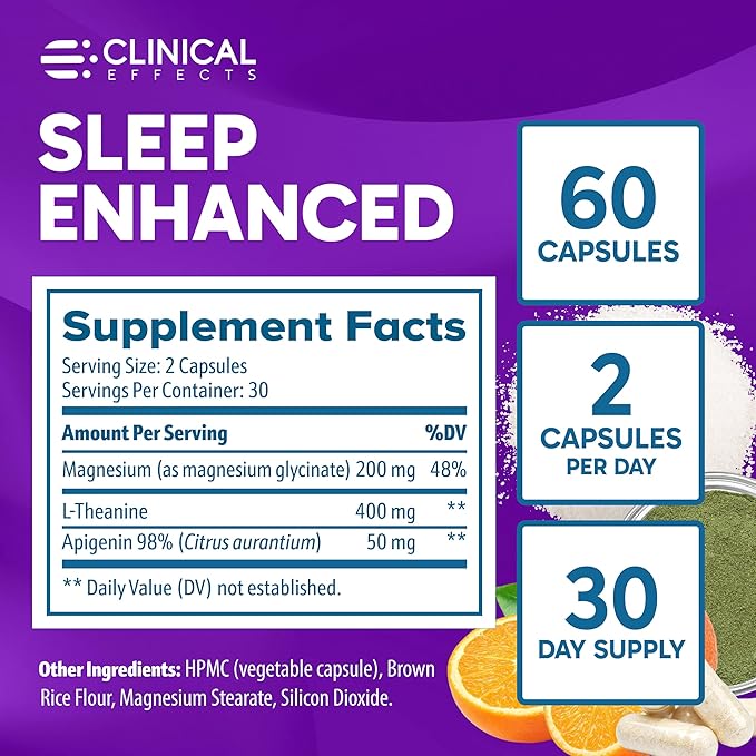 Clinical Effects Sleep Enhanced - Magnesium Supplement - 60 Capsules - Magnesium Glycinate L-Theanine and Apigenin - for Relaxation and Natural Calm - No Melatonin Sleep Support - USA Made