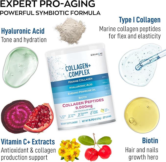 Marine Collagen Powder Supplement - Type I Hydrolyzed Marine Collagen Peptides Biotin Hyaluronic Acid Vitamin C Vital Antioxidants Complex - Skin Supplements for Women - Pink Lemonade 9.7oz