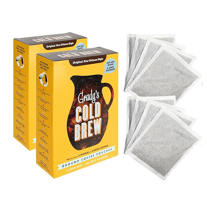GRADY’S COLD BREW New Orleans Style 100% Arabica Ground Coffee &amp Chicory Pouches TWO Boxes of Four Easy-to-Brew Bean Bags Makes 24 drinks