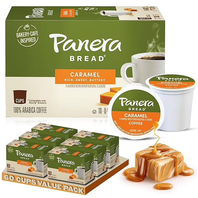 Panera Caramel Coffee Pods Light Roast Cups Keurig Compatible Natural Caramel Flavor 100% Arabica Kosher No Artificial Ingredients 60 Single Serve Pods (6 Packs of 10)