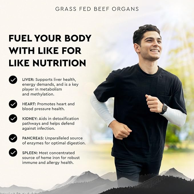Ancestral Supplements Grass Fed Beef Organ Supplement Supports Whole Body Wellness with Proprietary Blend of Liver Heart Kidney Pancreas Spleen Freeze-Dried Beef Non-GMO 180 Capsules